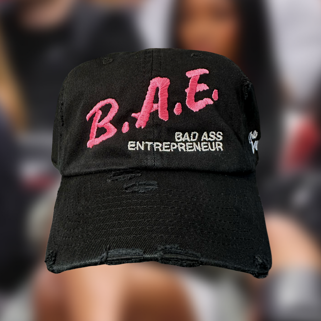 Black B.A.E Dad Cap Hat Black Distressed