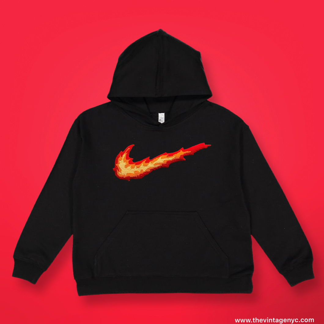Black Fire Swoosh Embroidered Hoodie