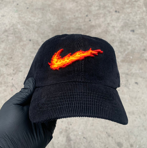 Black Corduroy Fire Swoosh Dad Cap Hat